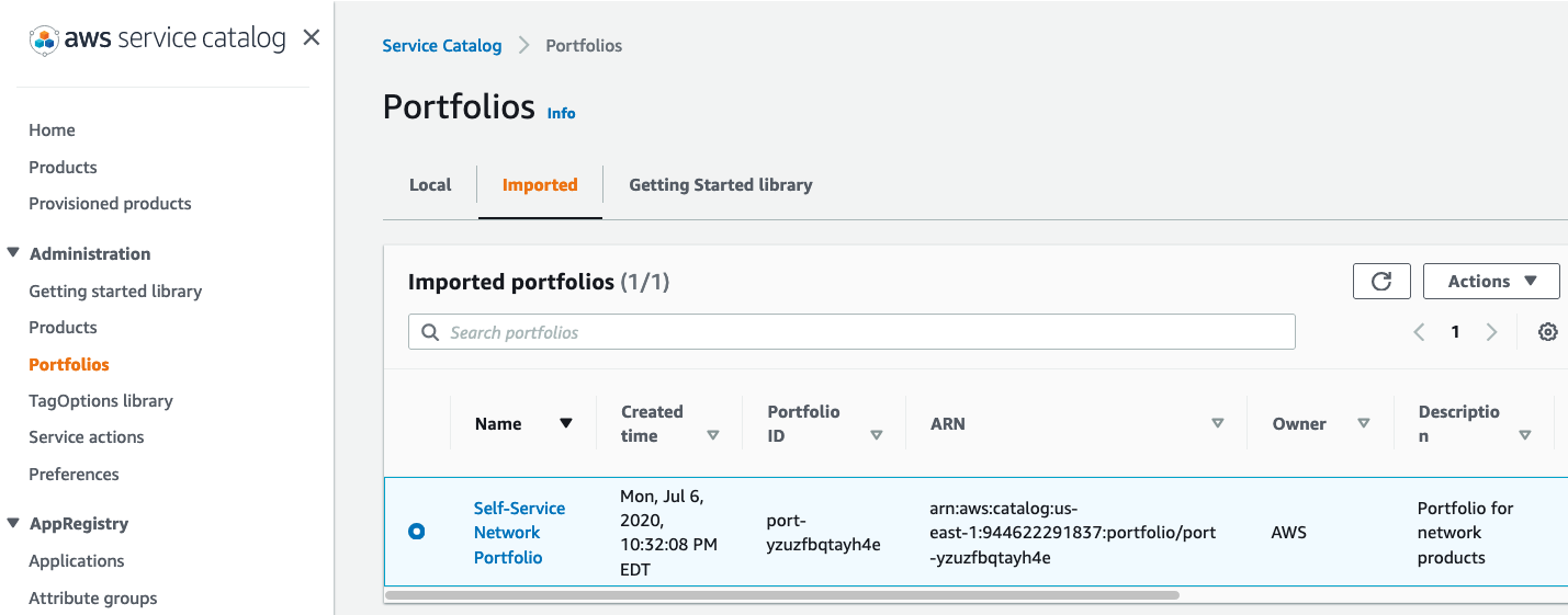 Under Imported portfolios, the Self-Service Network Portfolio is selected.