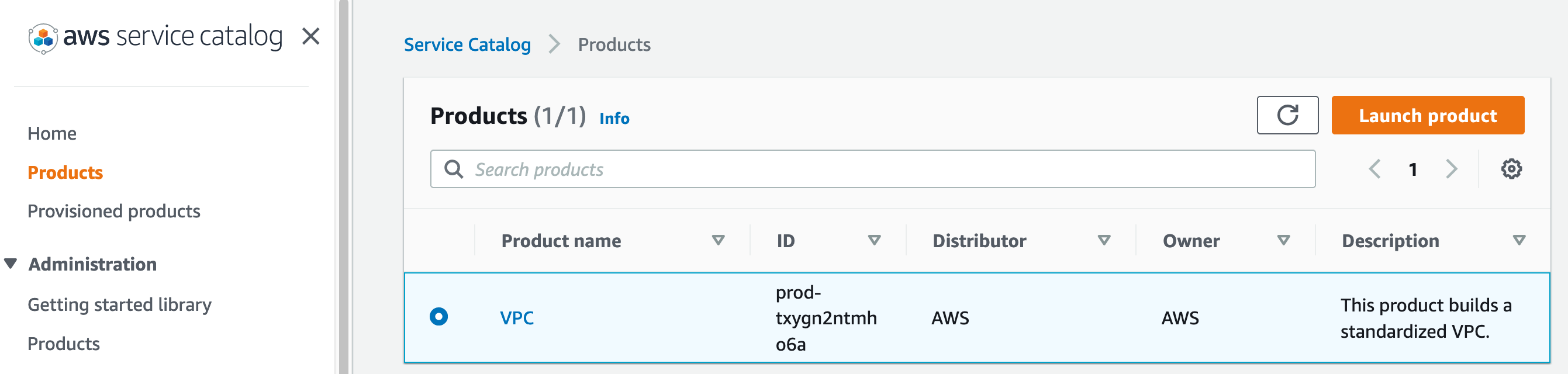 Under Products, VPC is selected. The product description says, “This product builds a standardized VPC.”