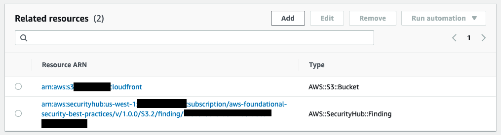 Under Related resources, the ARN for the ****-cloudfront bucket is displayed. Its type is AWS::S3::Bucket.