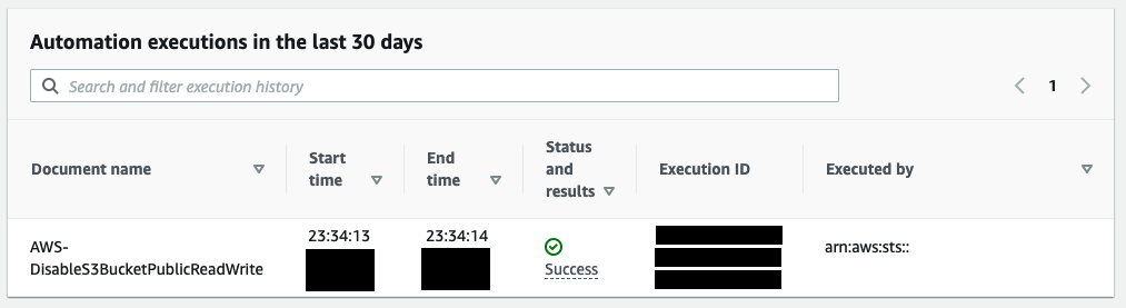 Under Automation executions in the last 30 days, the document named AWS-DisableS3BucketPublicReadWrite was run successfully