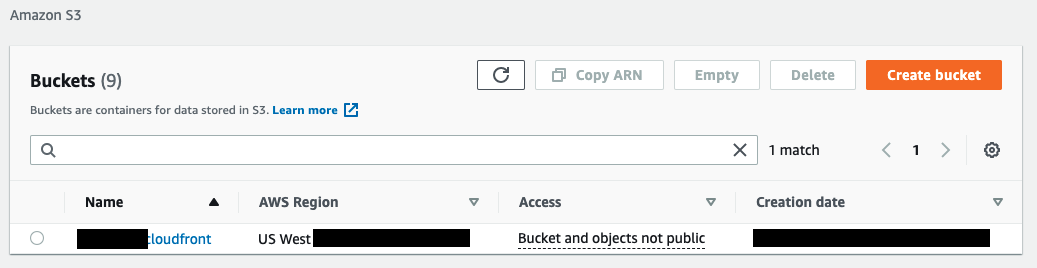 The S3 bucket named ****-cloudfront located in us-west is not public.