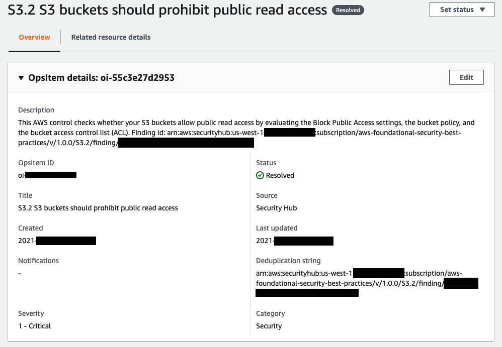 The OpsItem related to public S3 buckets is resolved.