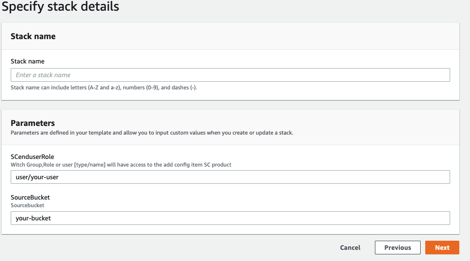 ALT: In the Parameters section of Specify stack details, SCenduserRole is user/kwscenduser. SourceBucket is kwdem0s.