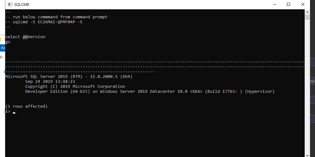 Run sqlcmd to connect to SQL Server. The command output shows Microsoft SQL Server 2019 Developer Edition (64-bit) on Windows Server 2019 Datacenter.