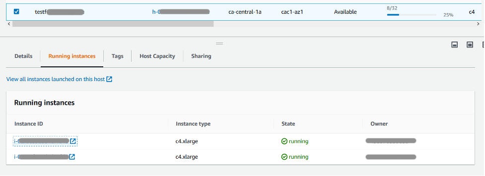 Console page displays tabs for Details, Running instances, Tags, Host Capacity, and Sharing. The Running instances tab is selected and displays two instances of type c4x.large.