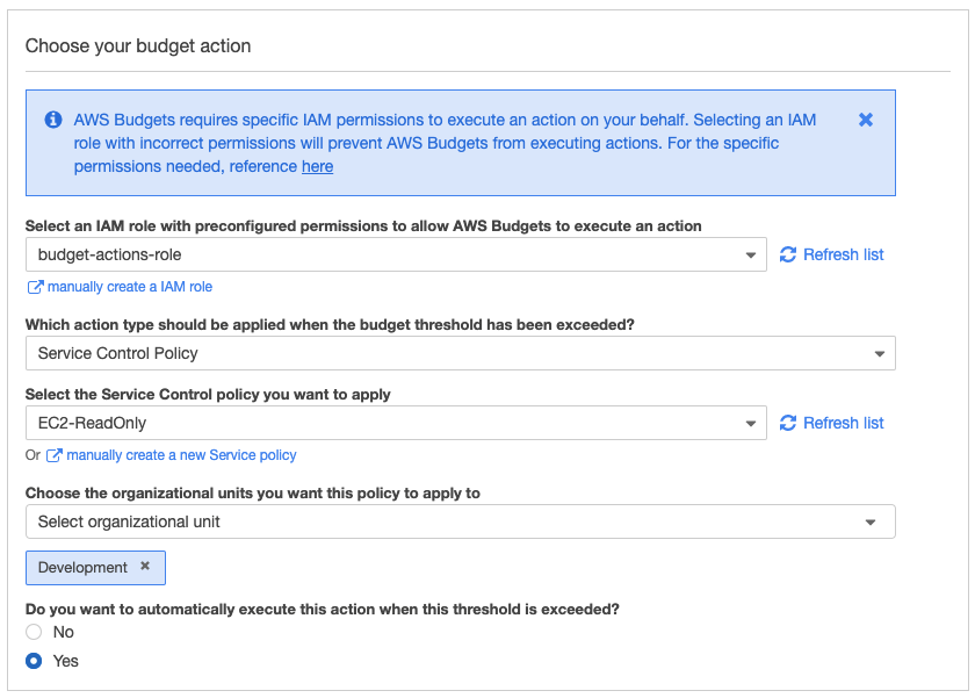 The Choose your budget action section contains fields completed as described in the body of the post.