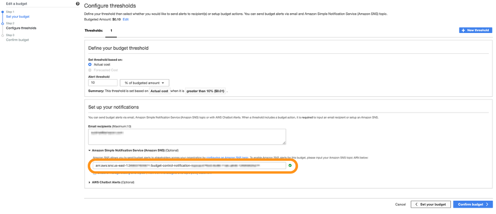 Under Configure thresholds, the SNS ARN is highlighted.