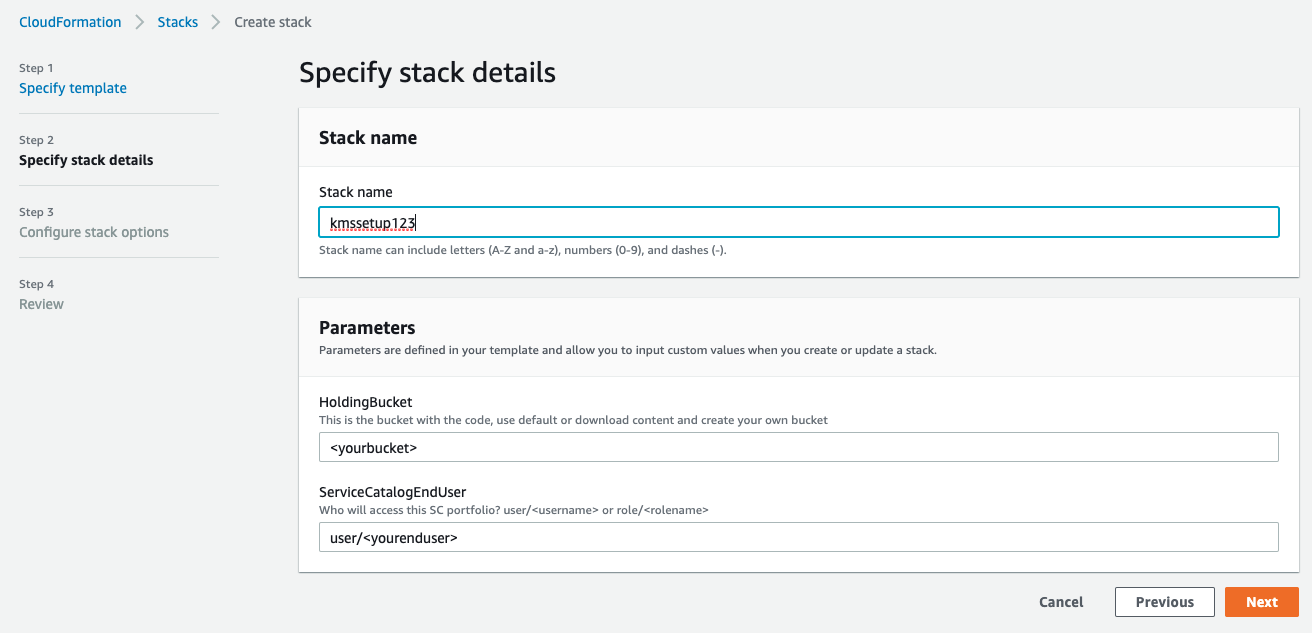 The administrator launches a stack to configure the environment. The admin enters a stack name as well as other parameters, then starts the process.