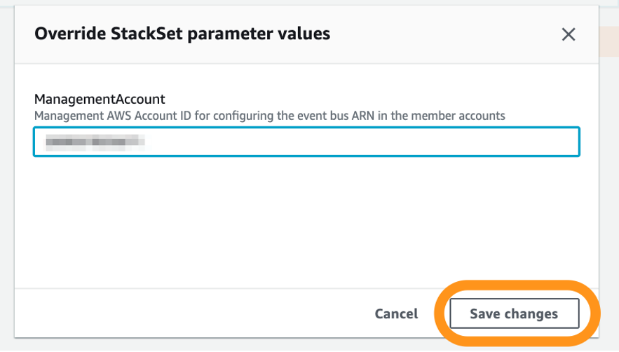 The Override StackSet parameters values page displays the management account ID for configuring the event bus ARN in the member accounts.