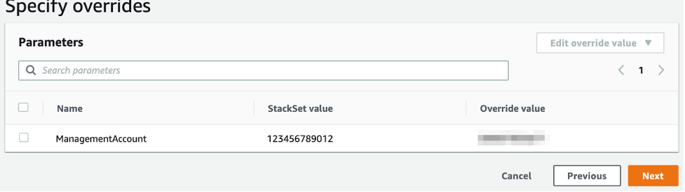 The Specify overrides page lists the name (ManagementAccount), StackSet value, and override value.