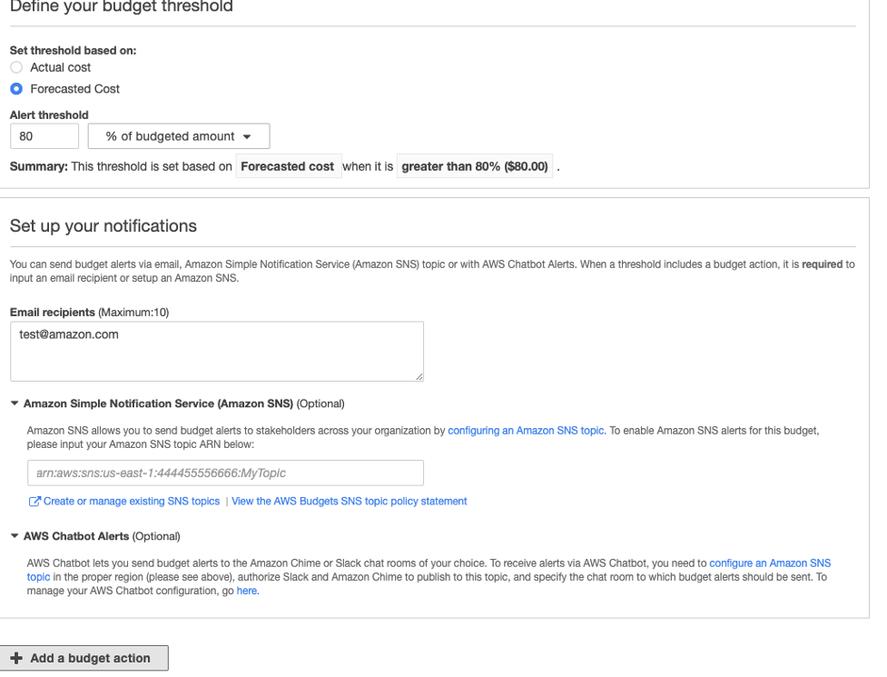 The Define your budget threshold section includes fields for setting a threshold based on actual or forecasted cost. There is a section for setting up notifications using Amazon SNS or AWS Chatbot.