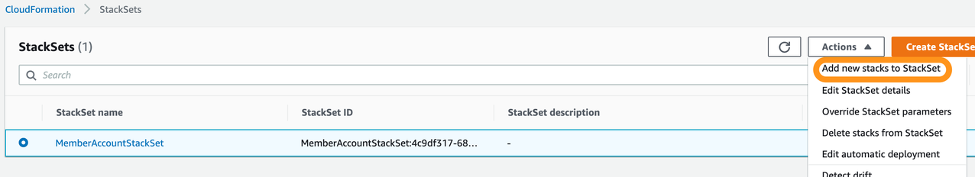 StackSets page includes an Actions dropdown. Add new stacks to StackSet is highlighted