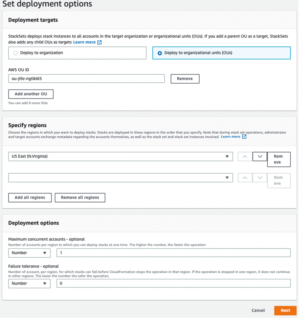 Set deployment options page includes sections for deployment targets, regions, and deployment options.