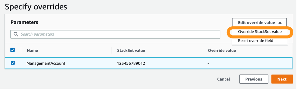 On the Specify overrides page, there is a table with columns for name, StackSet value, and override value. The Override StackSet value is selected from the Edit override value menu.