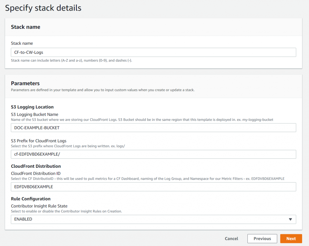 Specify stack details displays a field or the stack name and a Parameters section with fields for S3 logging location, CloudFront distribution, and rule configuration.