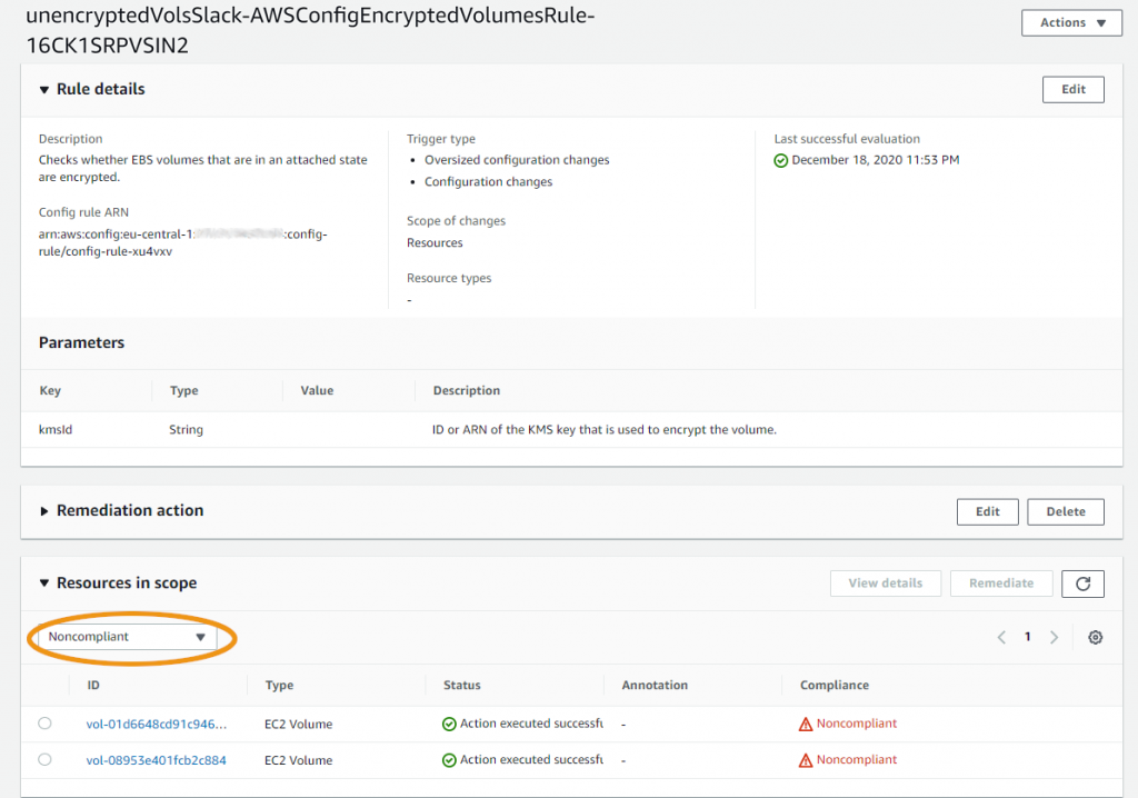 The details page for the AWS Config rule includes sections for rule details, parameters, remediation action, and resources in scope. You can use the dropdown to filter for all noncompliant resources.