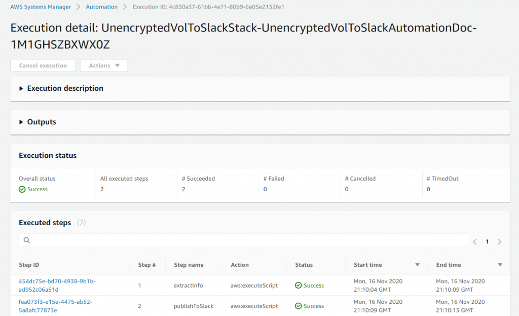 The execution details page for the Automation document includes execution status (in this example, Success) and executed steps.