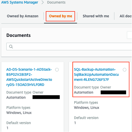 The newly created Automation runbook is displayed in the AWS Systems Manager console on the Owned by me tab.