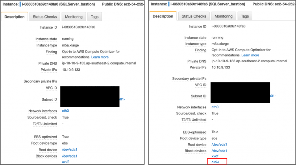 Description tab displays the instance ID, instance state (in this example, running), instance type (m5a.xlarge), and other information. The Block devices field displays /dev/sda1, xvdf, and xvdz.