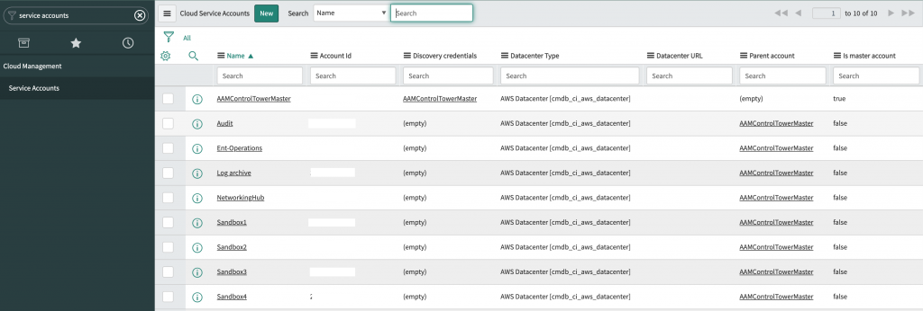  In Service Accounts, there is an entry in the list for ControlTowerMaster and member accounts.
