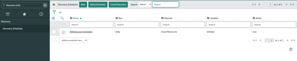 In Discovery Schedules, AWSDiscoverySchedule appears as active. It is set to run daily to discover cloud resources.