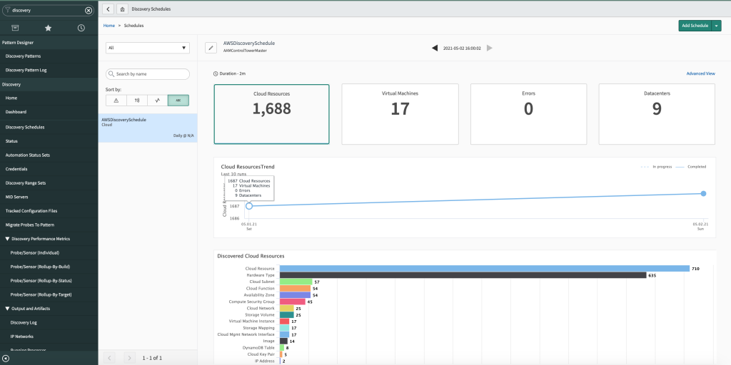 Under AWSDiscoverySchedule, there are entries for 311 cloud resources, 1 virtual machine, 0 errors, and 3 data centers.