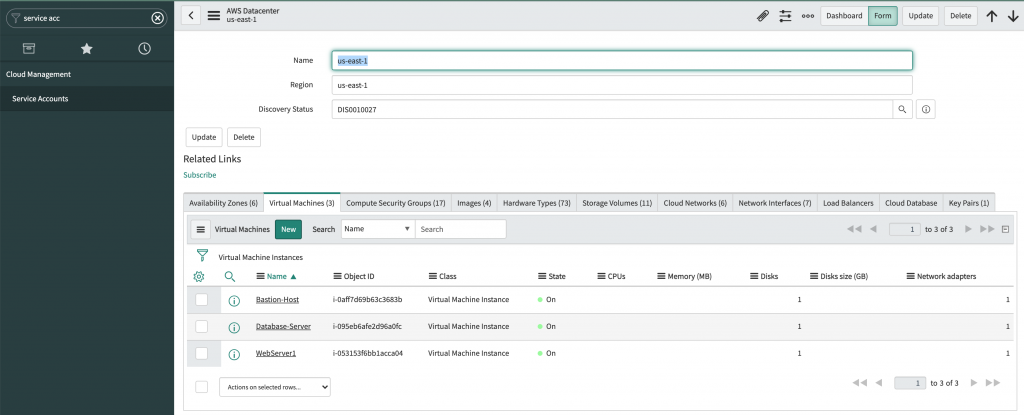 The page includes fields for Name, Region, and Discovery Status. The Virtual Machines tab is selected. WebServer1 is displayed in the list.