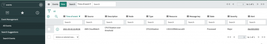 There are two events in the list, one for the StatusCheckFailed_Instance type and one of CPUUtilization type.