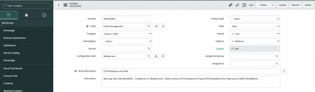 On the Incident page, WebServer1 appears in the Configuration item field.