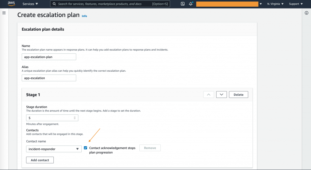 On Create escalation plan, for Contact name, incident-responder is selected from the dropdown. The Contact acknowledgement stops plan progression checkbox is selected.