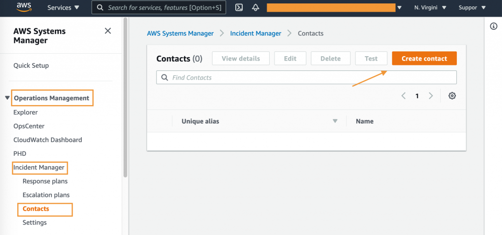Contacts page displays View details, Edit, Delete, Test, and Create contact buttons. It also includes a search field for finding contacts.