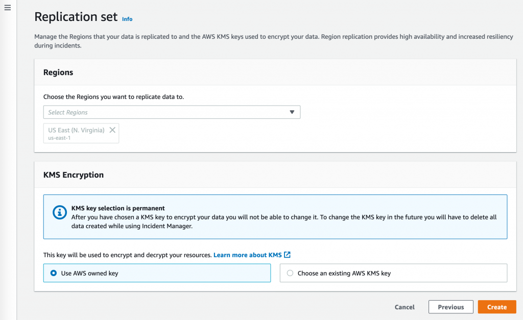 Under Region, "us-east-1" is selected. Under KMS Encryption, select "Use AWS owned key".