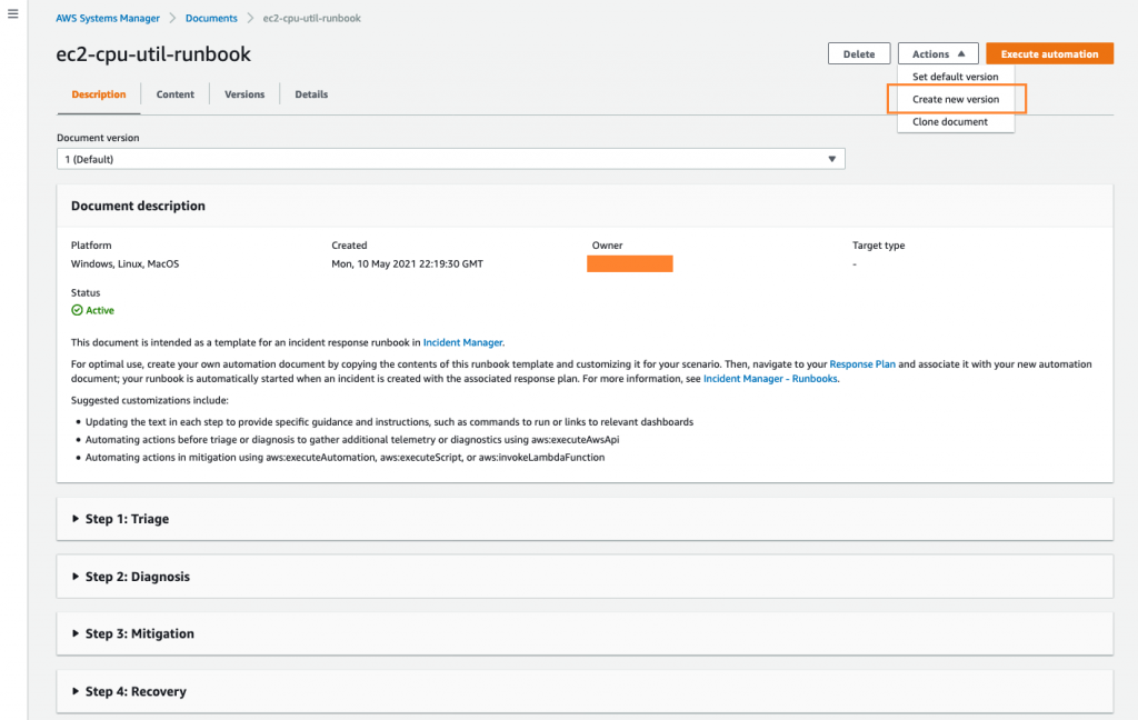 Under Document description, there are fields for platform (Windows, Linux, macOS), created, owner, target type, and status.