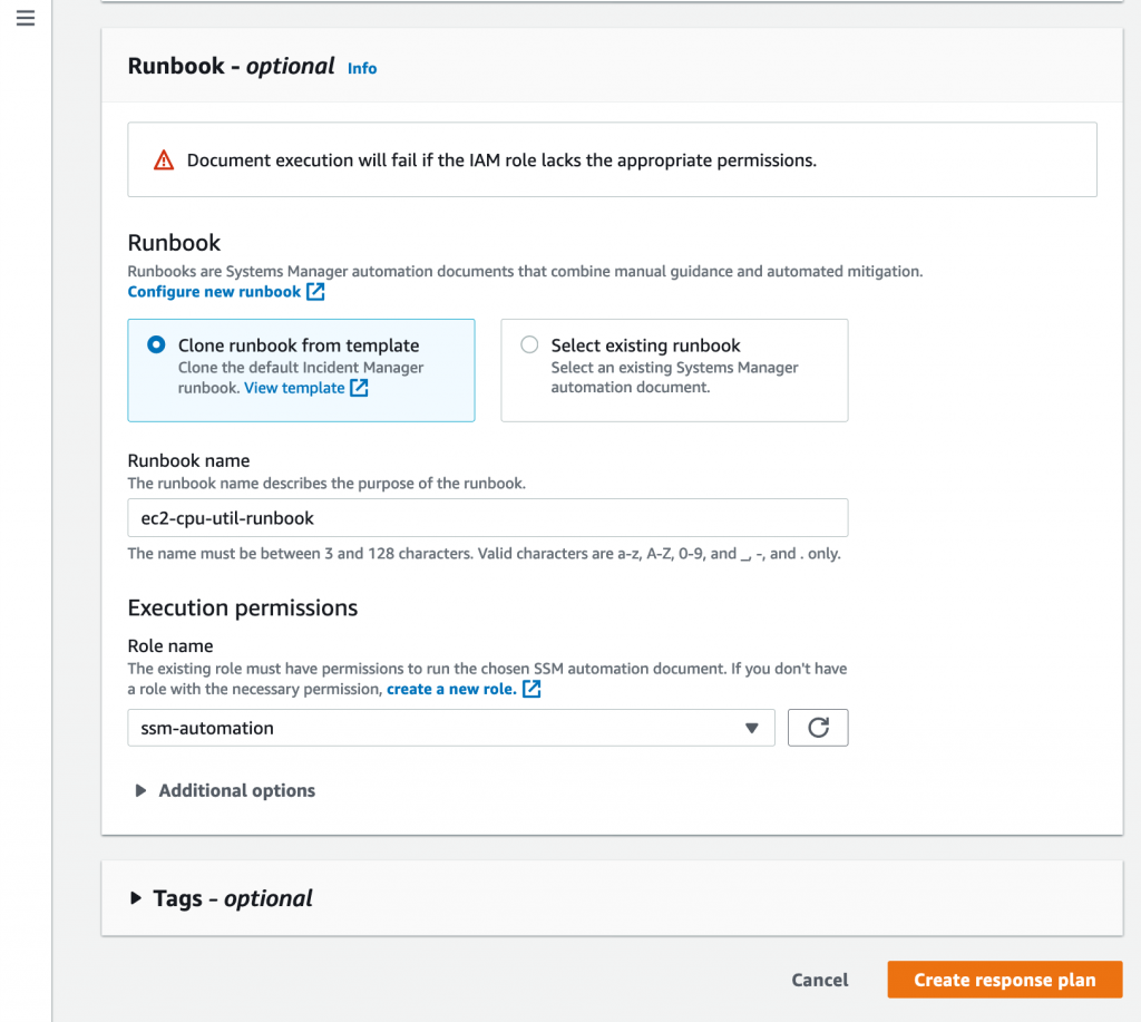 Runbook displays options and role name as described in the procedure.