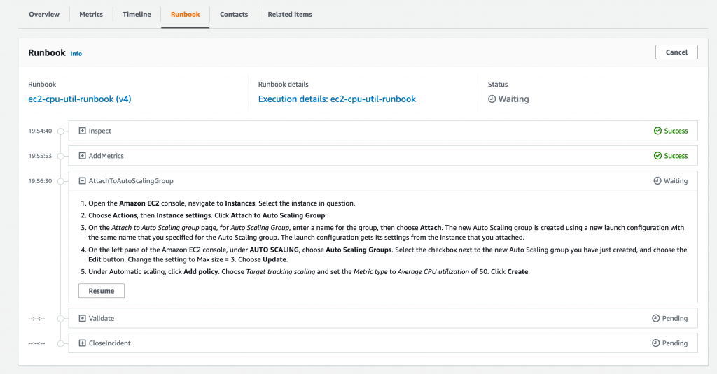On the Runbook tab, ec2-cpu-util-runbook (v4) has a status of Waiting, which means the AttachToAutoScalingGroup step is not complete. The Inspect and AddMetrics steps have a status of Success.