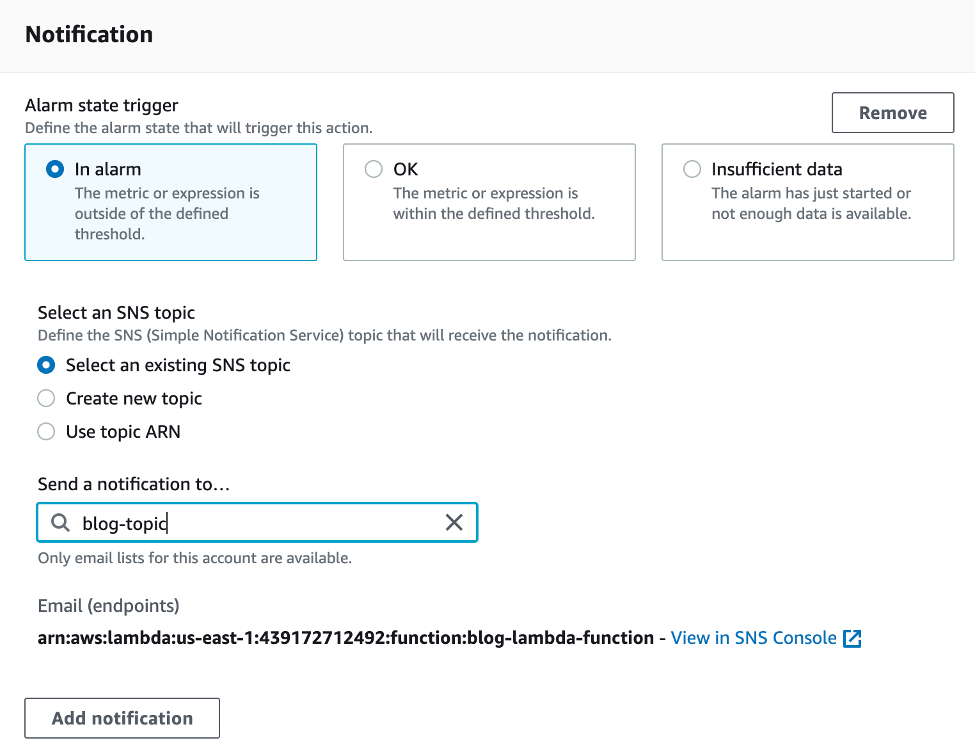 Notification page includes a section for alarm state trigger (in this example, in alarm). Under Select an SNS topic, the notification will be sent to blog-topic. 