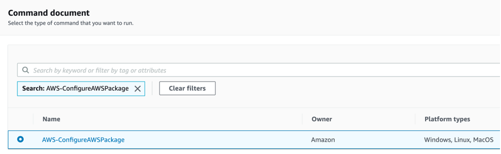 Command document shows AWS-ConfigureAWSPackage in the list.