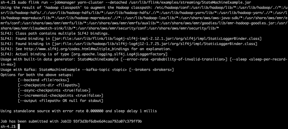 Remote shell output of starting the Flink example job, StateMachineExample. The output shows the job was submitted with job ID 93f3d3bf6dbe6d4caa792a07c379ff9b.