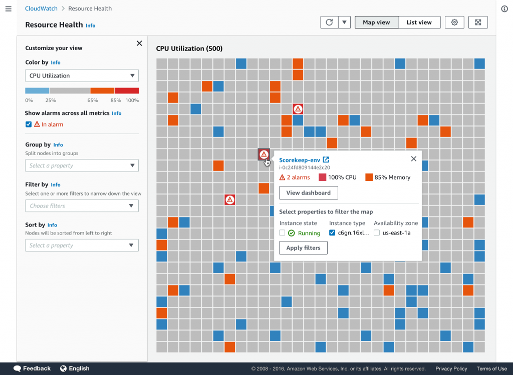 Figure2 Resource Health aggregate view showing the EC2 CPU utilization, and EC2 hosts with more than 85% CPU utilization in alarm