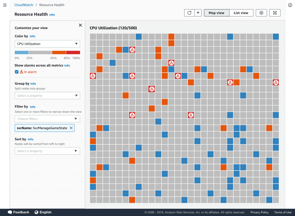 Figure4 Resource Health filter set to svcName: SvcManageGameState shows EC2 hosts with alarms