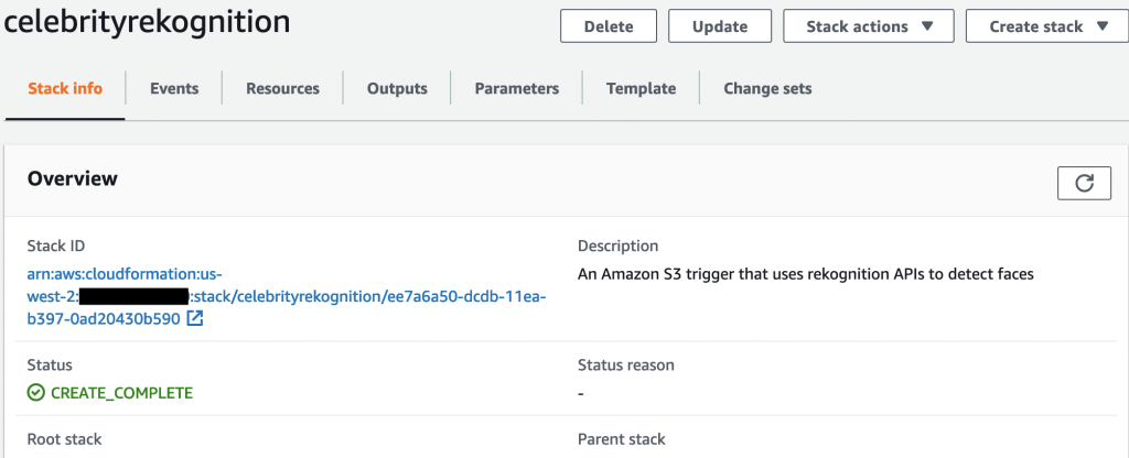 The Overview section of the celebrityrekognition stack displays the stack ID, a description, and a status of CREATE_COMPLETE.