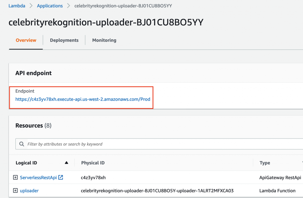 The details page for the uploader application includes API endpoint and Resources sections. ServerlessRestApi and uploader are displayed under Resources.