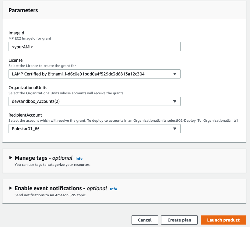 The Parameters section displays fields described in the blog post. The page also includes optional sections for managing tags and enabling event notifications.
