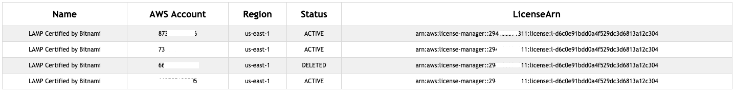A sample report shows distributed licenses organized by name, AWS account, Region, and status.