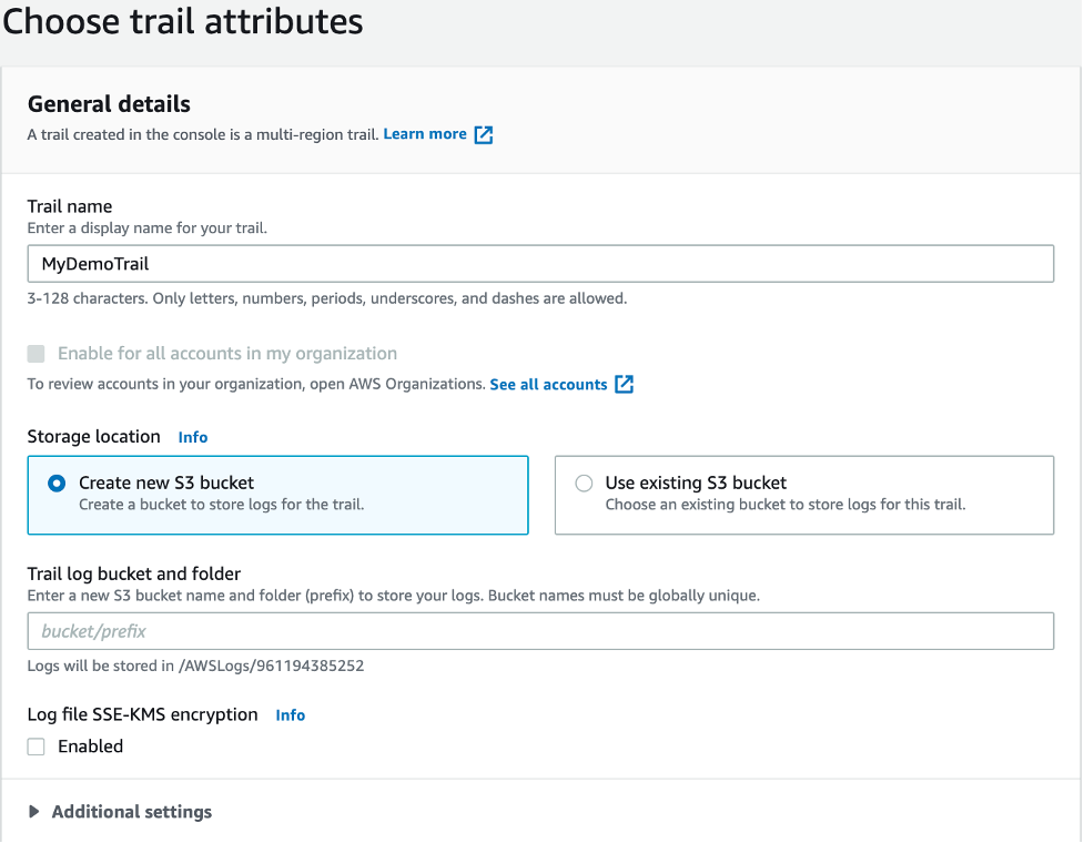 Choose trail attributes displays a field or trail name and a storage location section with fields for S3 bucket options, logging location, and log file encryption.
