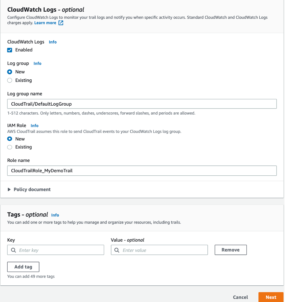 CloudWatch Logs section displays option to enable CloudWatch logging and select a log group destination along with the IAM role that is to be assumed to send CloudTrail events to the log group.