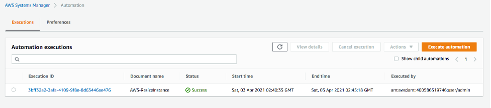 Automation executions displays the AWS-ResizeInstance document, its execution ID, status (Success), start time, end time, and executed by.
