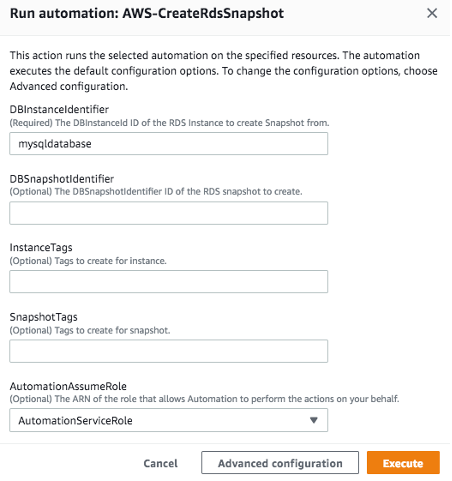 Run automation: AWS-CreateRdsSnapshot displays fields for DB instance ID, DB snapshot ID, instance tags, snapshot tags, and AutomationAssumeRole.
