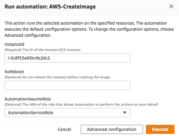 Run automation: AWS-CreateImage displays fields for instance ID, no reboot, and AutomationAssumeRole.