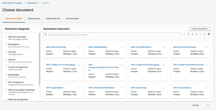 Choose document page displays tabs for Owned by Amazon (in this example, selected), Owned by me, Shared with me, and All documents. The document categories include Remediation, Patching, Security, Instance management, Data backup, and more.